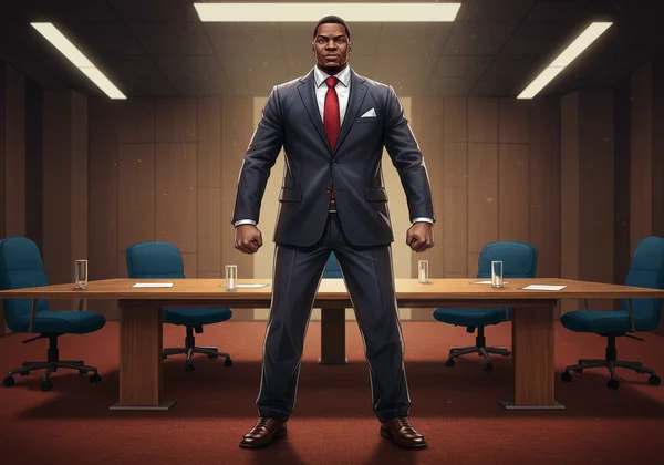 Assertive leader standing confidently, commanding presence.