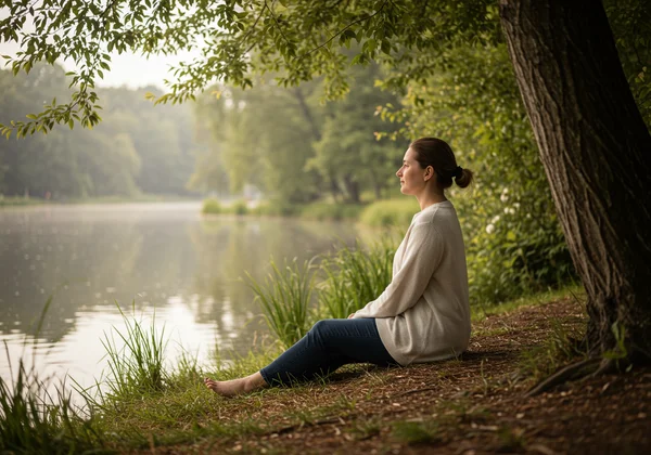Calm and peaceful person meditating by a serene lake.