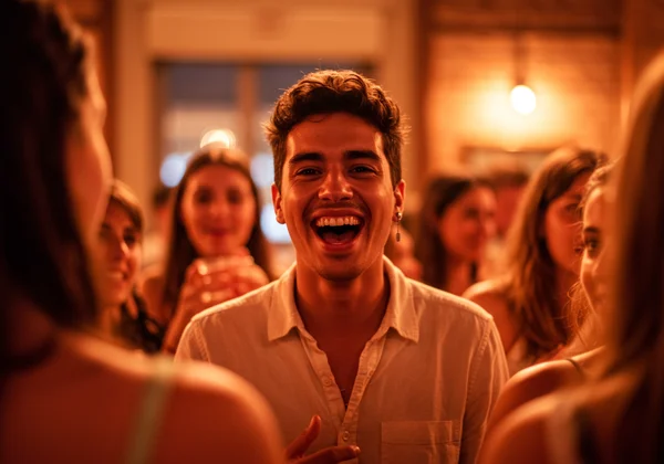 Smiling, sociable person in a group, optimistic and energetic.