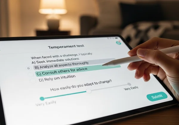 Online temperament test interface on a tablet screen.