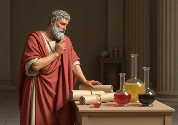 Ancient Greek physician contemplating humoral theory
