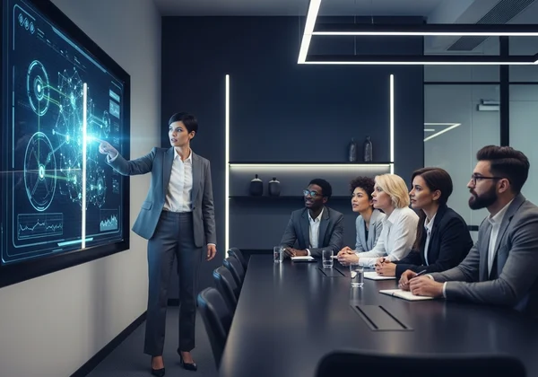 A determined leader inspiring a team towards a clear vision.