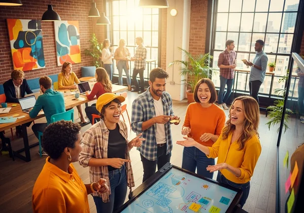 A diverse group connecting, laughing, and brainstorming ideas.