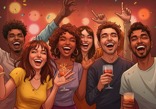 Group of friends laughing, embodying sanguine social traits