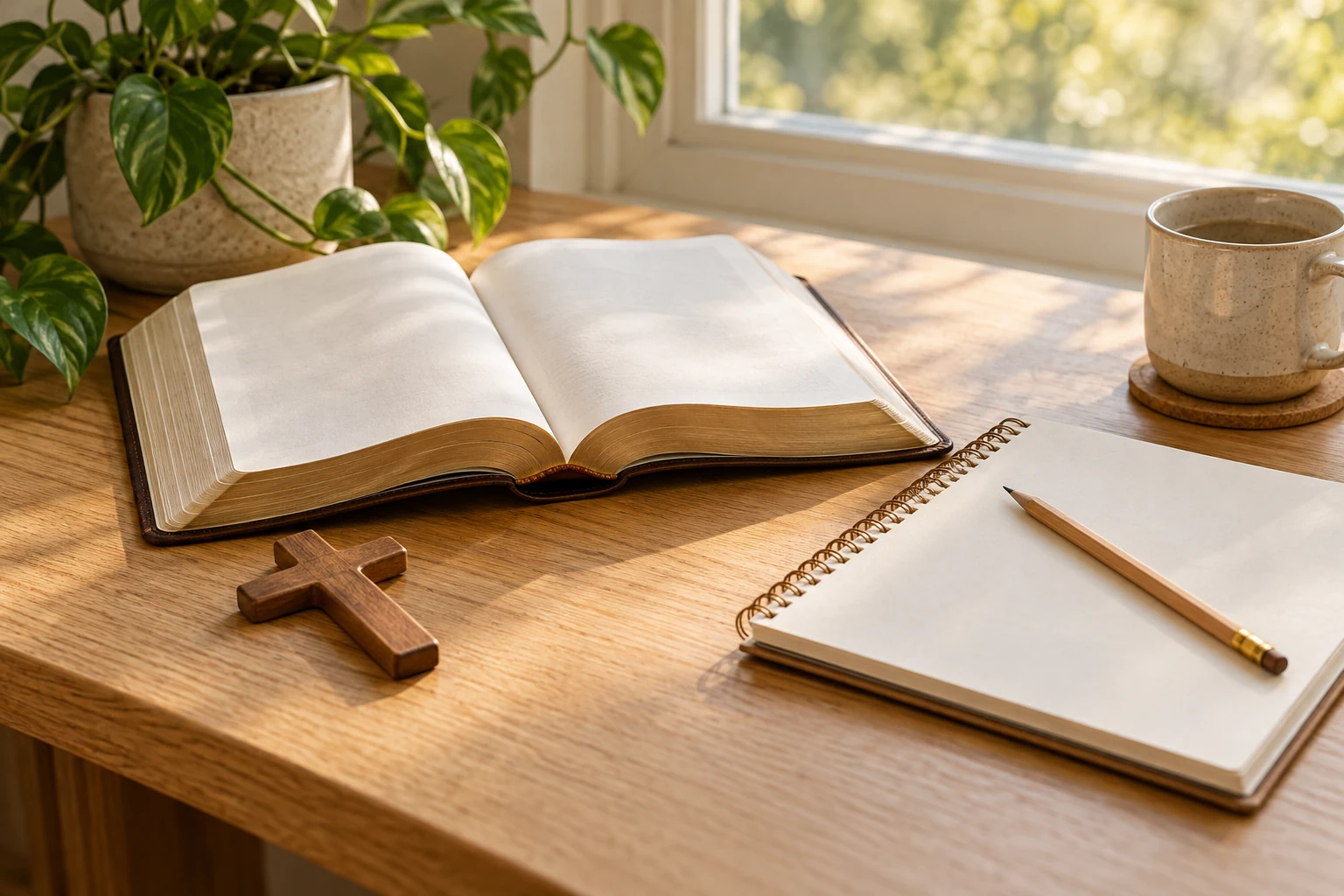 Open book and reflection journal beside a wooden cross