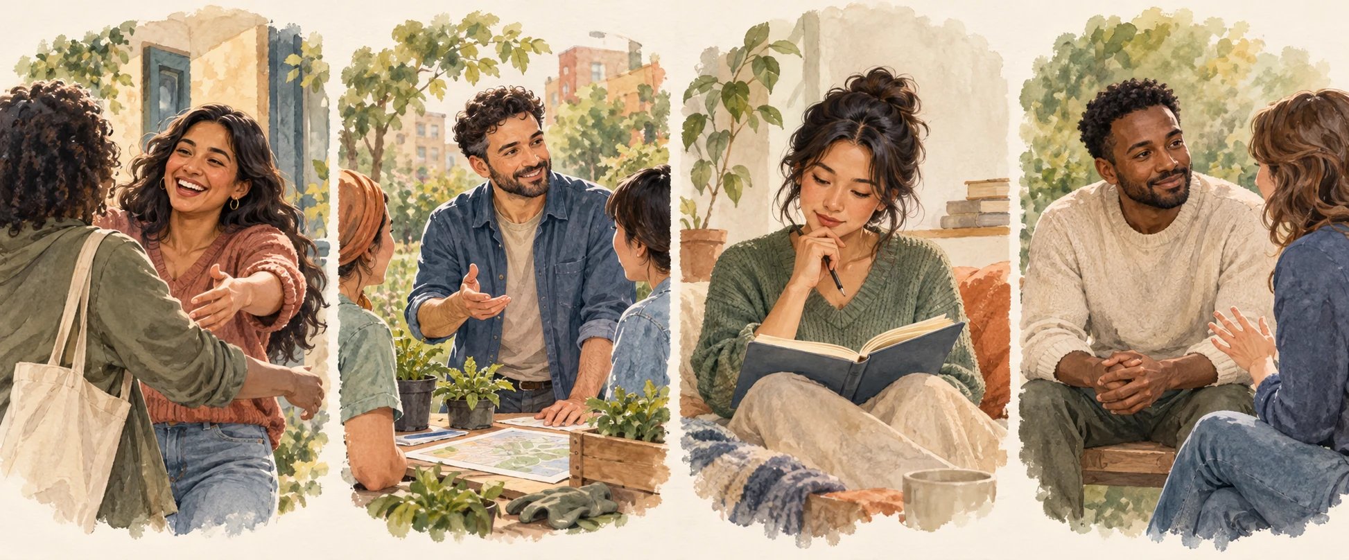 Illustrations of social engagement, planning, quiet reflection, and listening