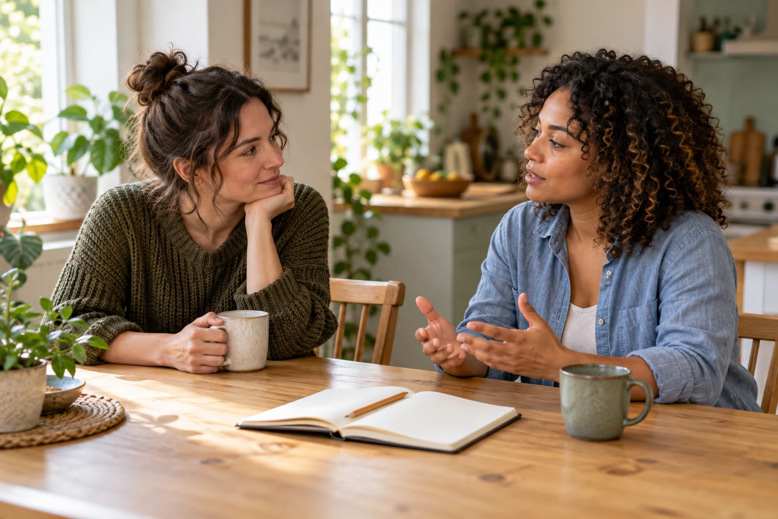 Two friends talking across a table with an open reflection journal